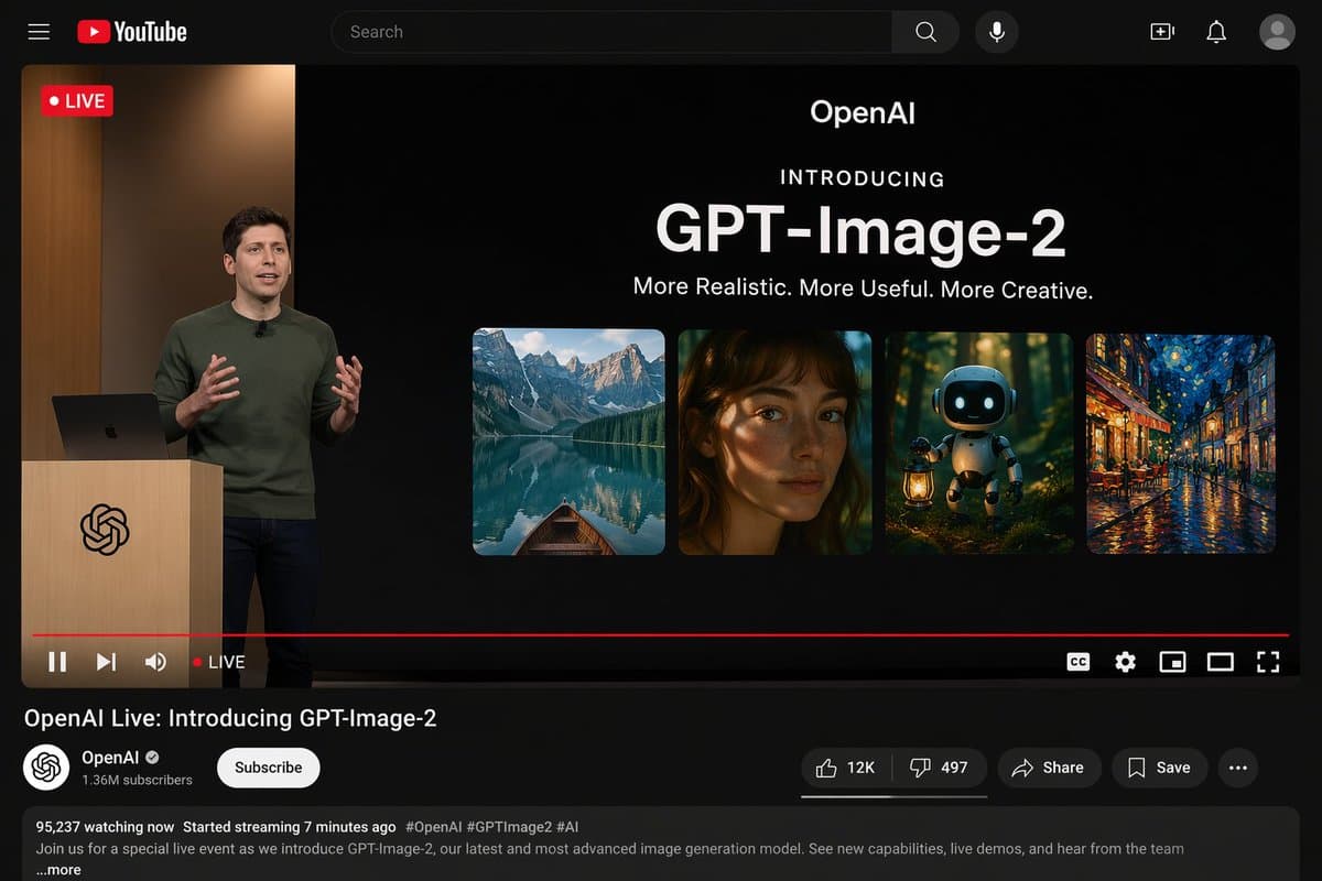 Макет интерфейса YouTube в тёмном режиме — промпт GPT-Image — результат промпта