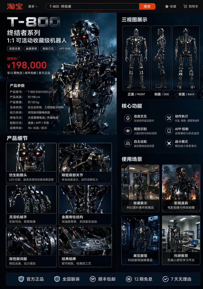 Страница товара для робота T-800 на Taobao — промпт GPT-Image — результат промпта