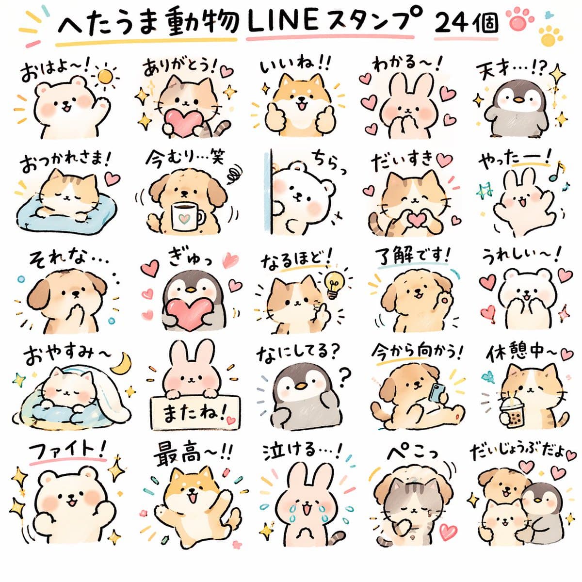 Стикеры животных для LINE в ручном стиле — коллекция 1 — результат промпта