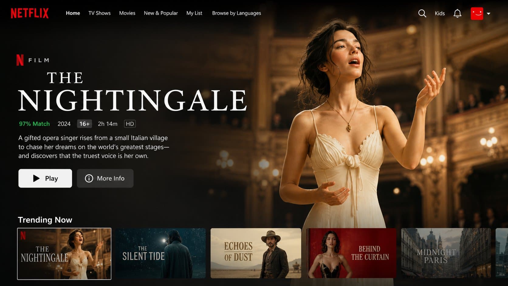 UI главной страницы Netflix с фильмом — промпт GPT-Image — результат промпта