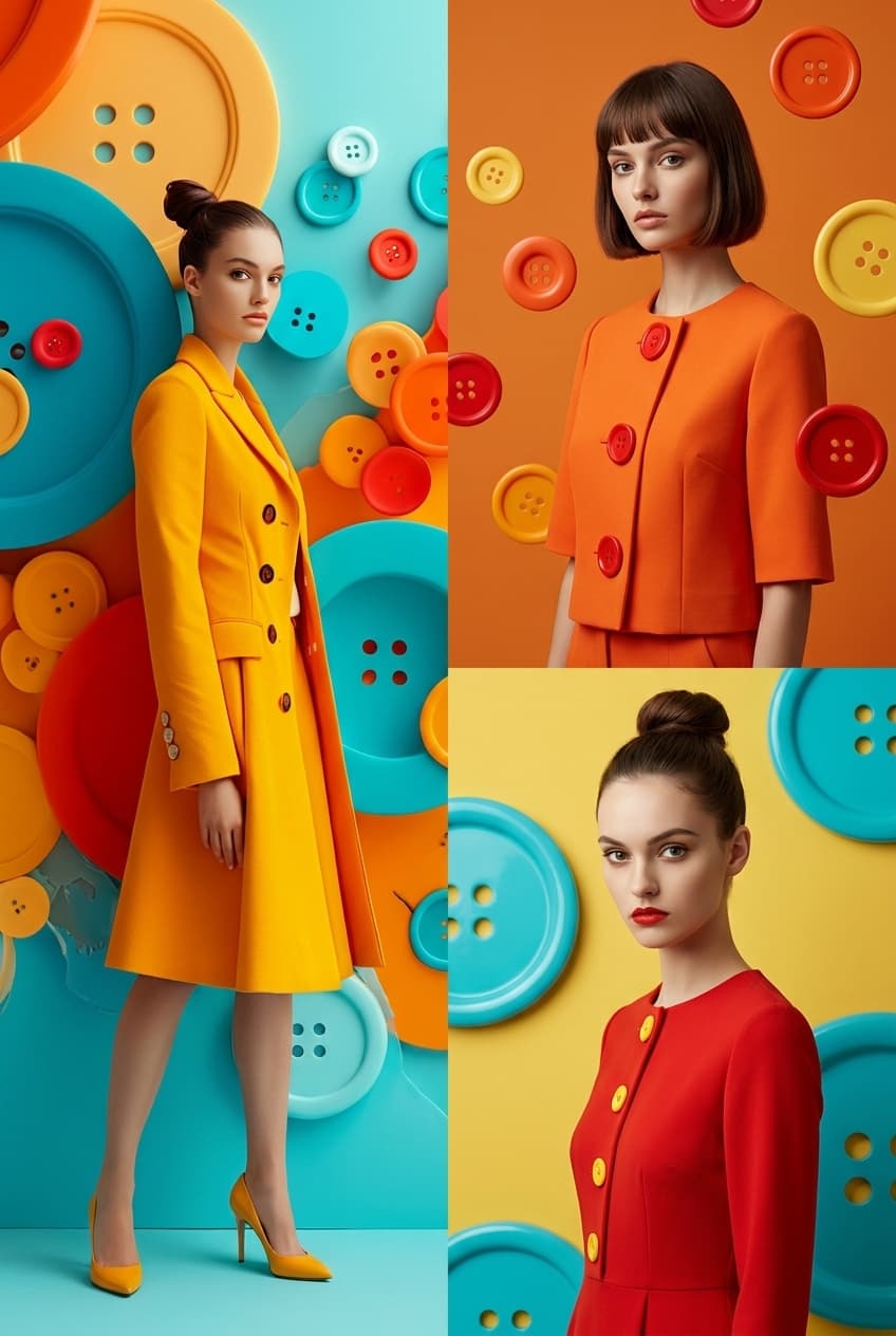 Модная фотосессия с яркими кнопками — промпт GPT-Image — результат промпта
