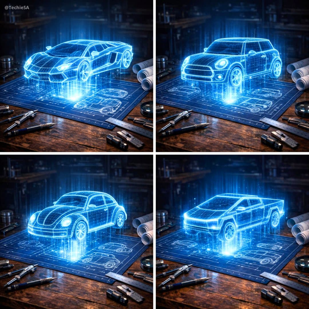 Голографическая проекция автомобиля в 3D — результат промпта