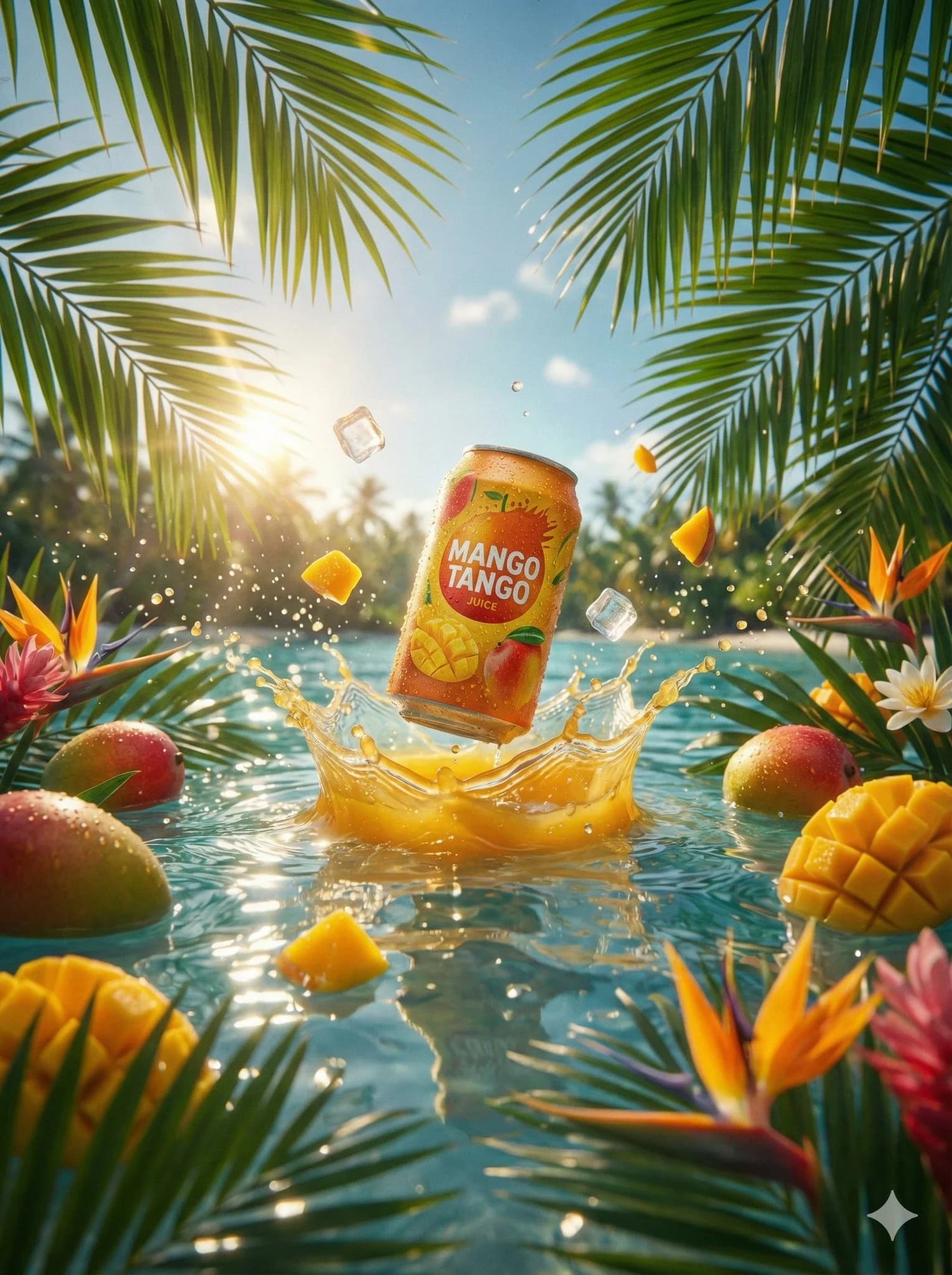 Напиток "MANGO TANGO JUICE" в океане — результат промпта