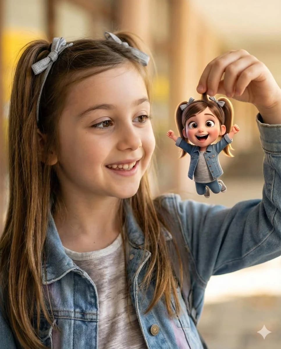 Улыбающаяся девочка с персонажем Pixar — результат промпта