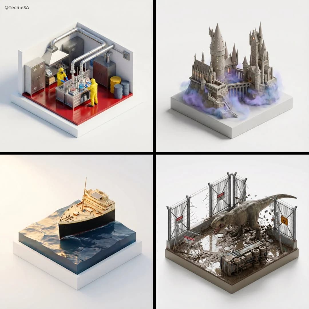 Миниатюрная 3D диорама с чистой геометрией — результат промпта