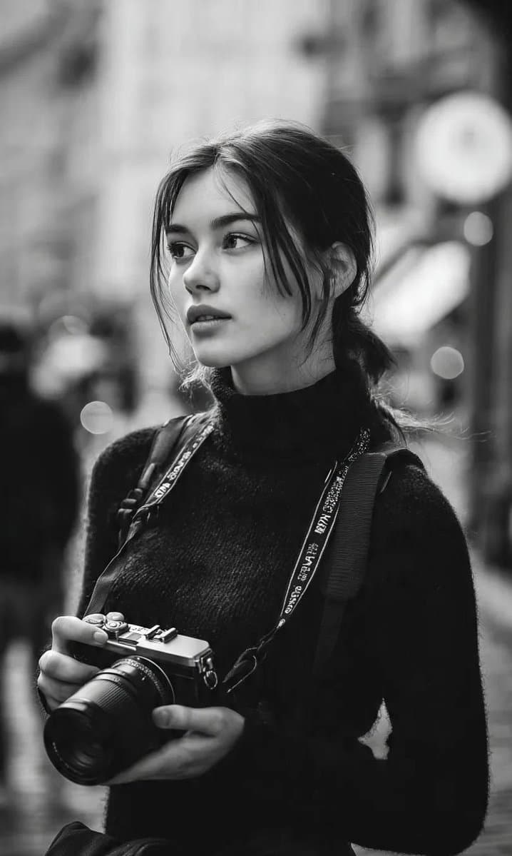 Черно-белый портрет молодой женщины-фотографа — результат промпта