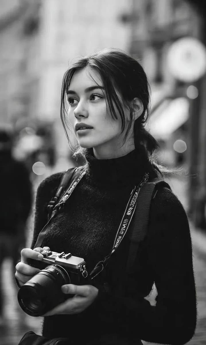Черно-белый портрет молодой женщины-фотографа — результат промпта