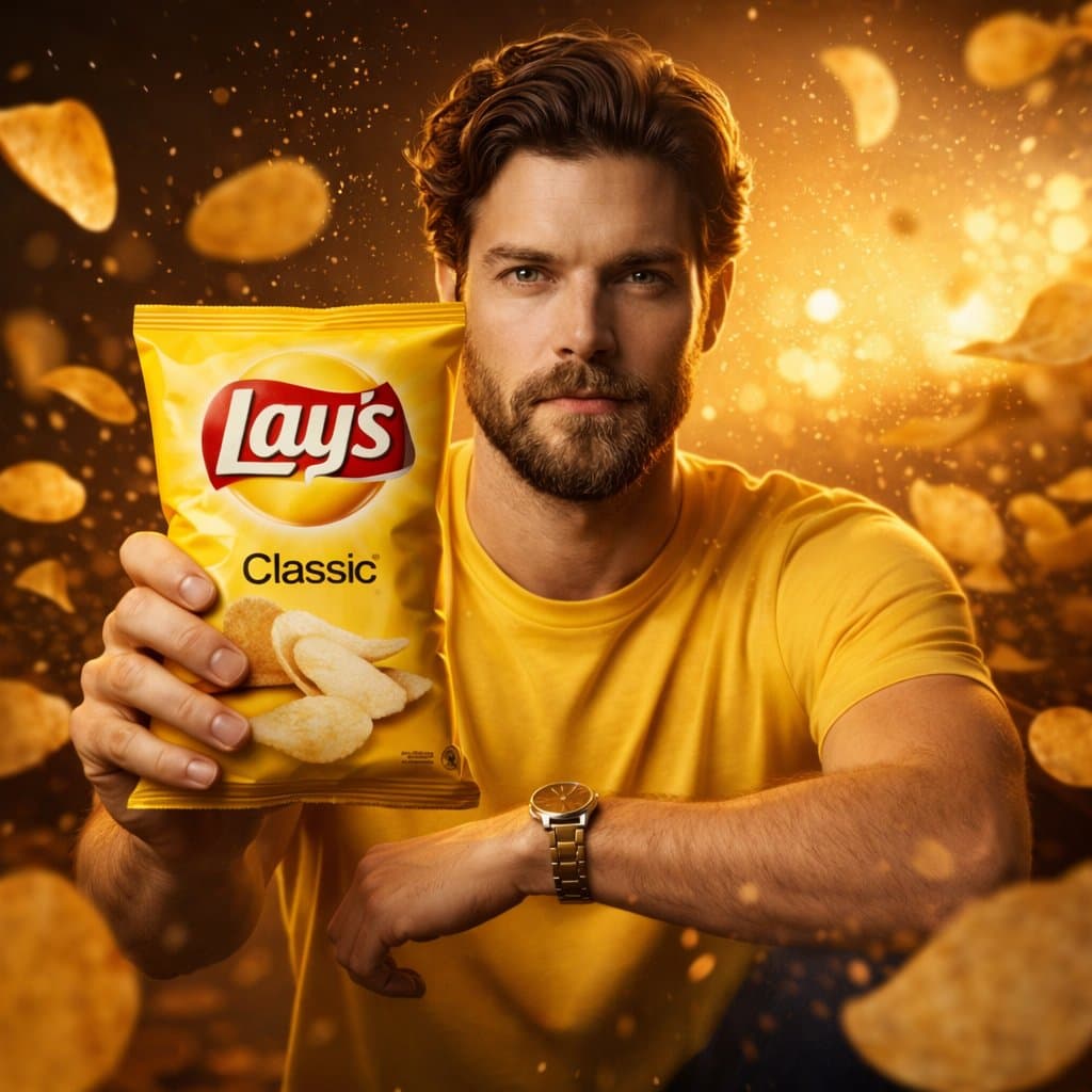 Рекламный кадр с чипсами Lay’s — результат промпта, вариант 1
