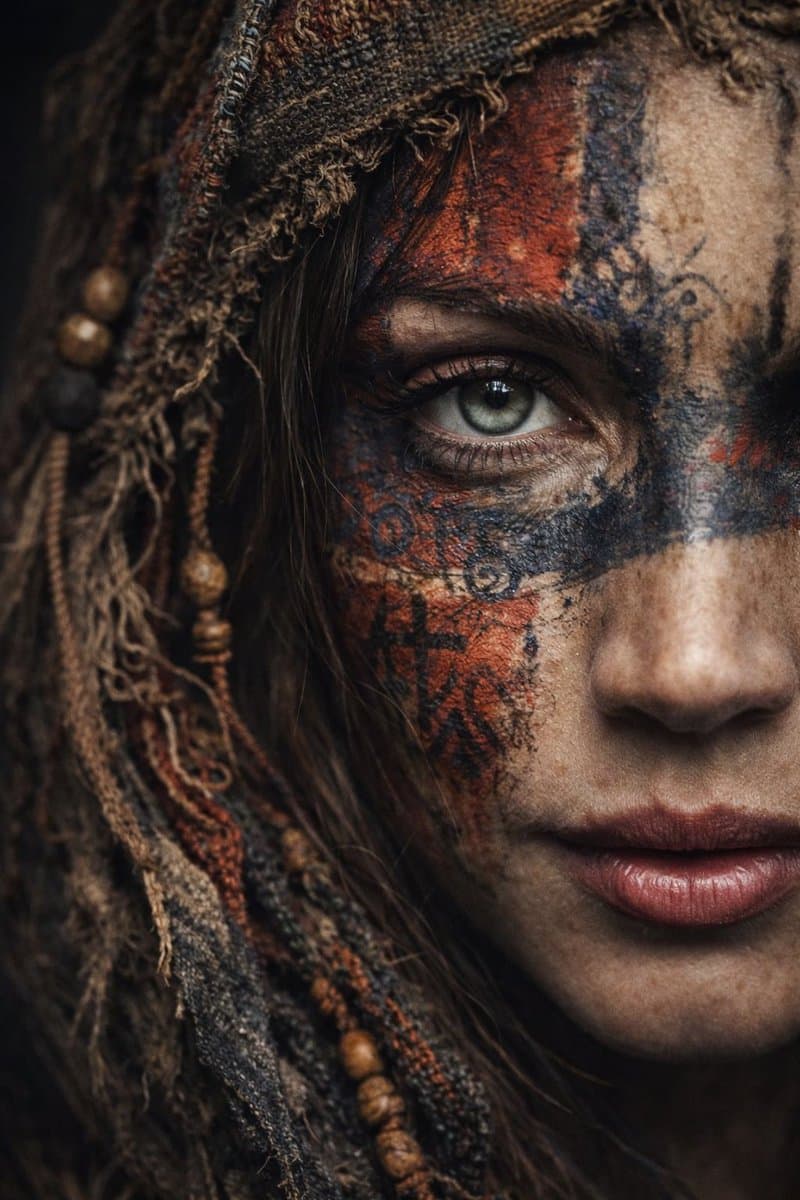 Портрет женщины с tribal-узорами — результат промпта, вариант 1