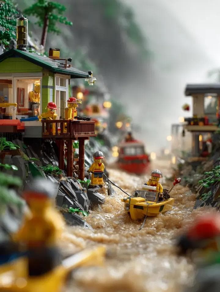 Спасательная операция в LEGO деревне — результат промпта