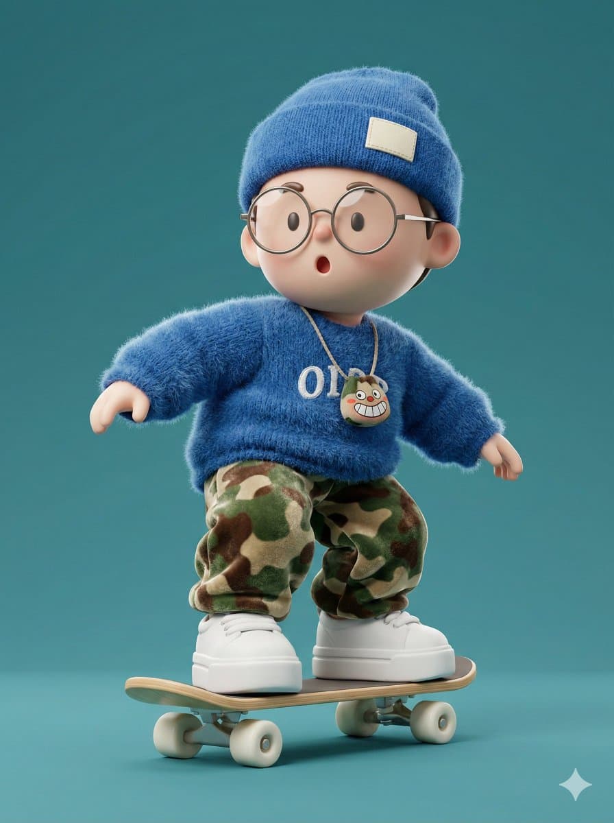 3D-рендер милого мальчика на скейтборде — результат промпта, вариант 1