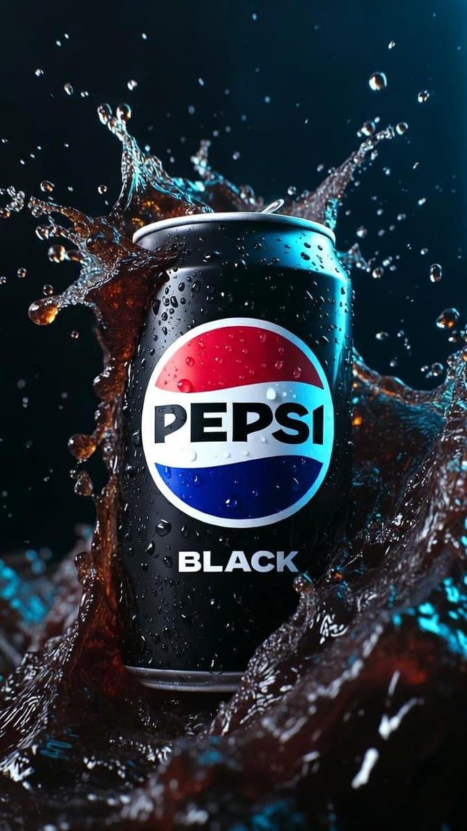 Кинематографическая фотография банки Pepsi Black — результат промпта, вариант 1
