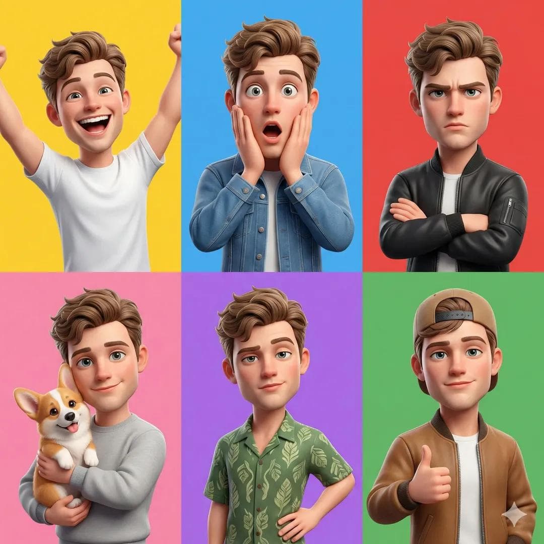 3D персонаж Pixar с выражениями лиц — результат промпта