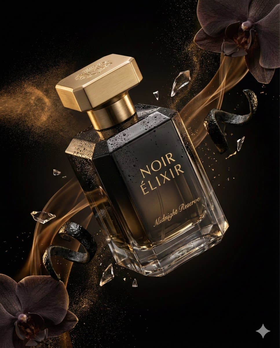 Элегантный флакон парфюма NOIR ÉLIXIR — результат промпта, вариант 1