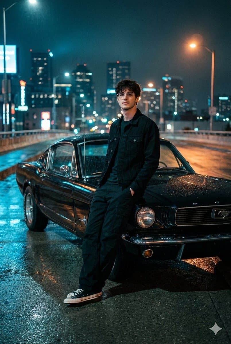 Ночной городской пейзаж с Mustang — результат промпта