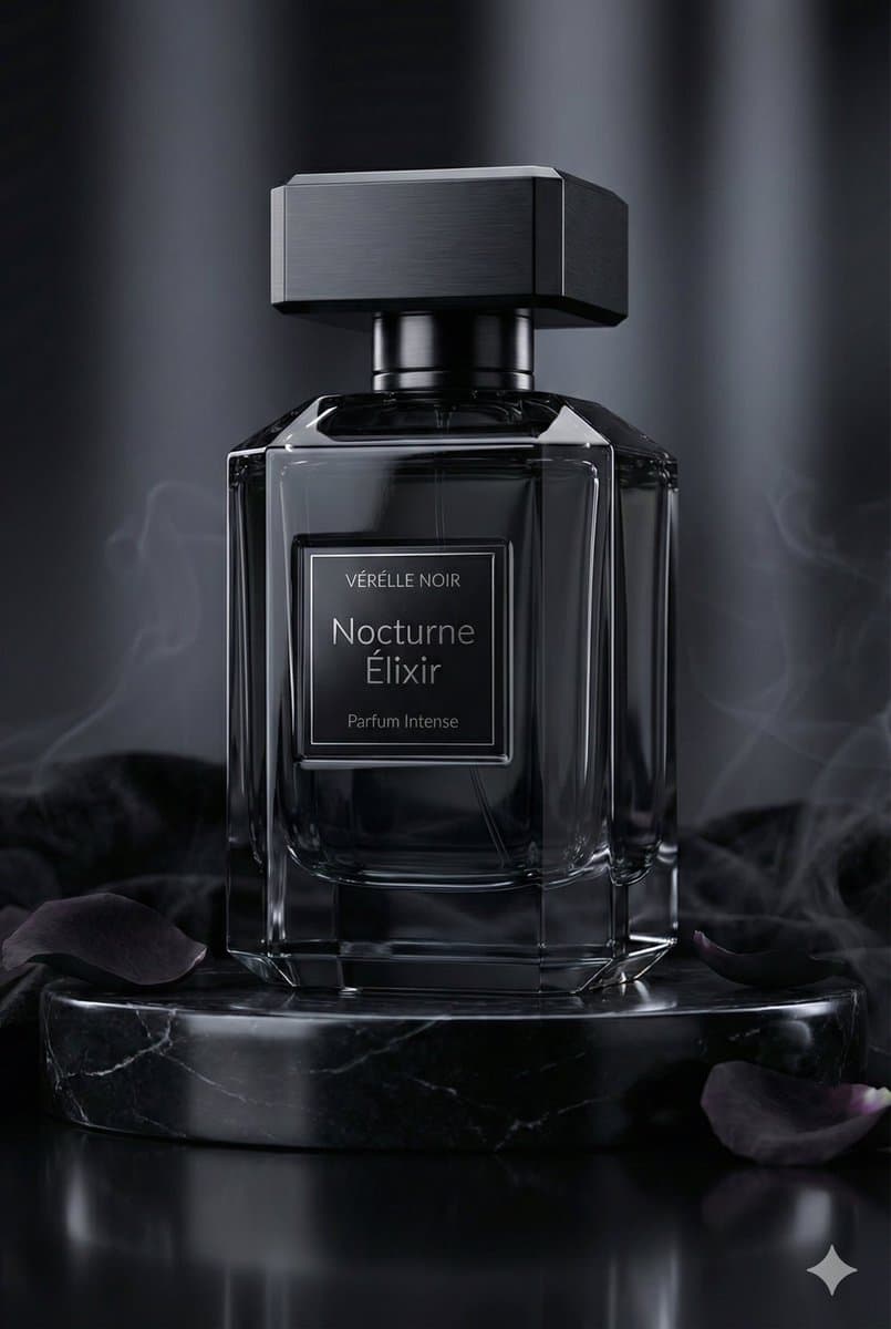 Роскошная реклама парфюма VÉRÉLLE NOIR — результат промпта, вариант 1
