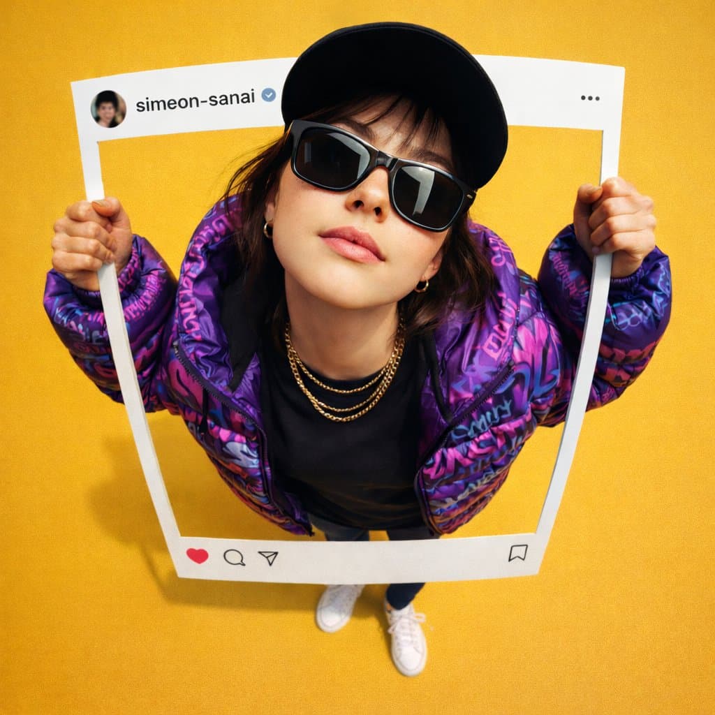 Человек вырывается из рамки Instagram — результат промпта