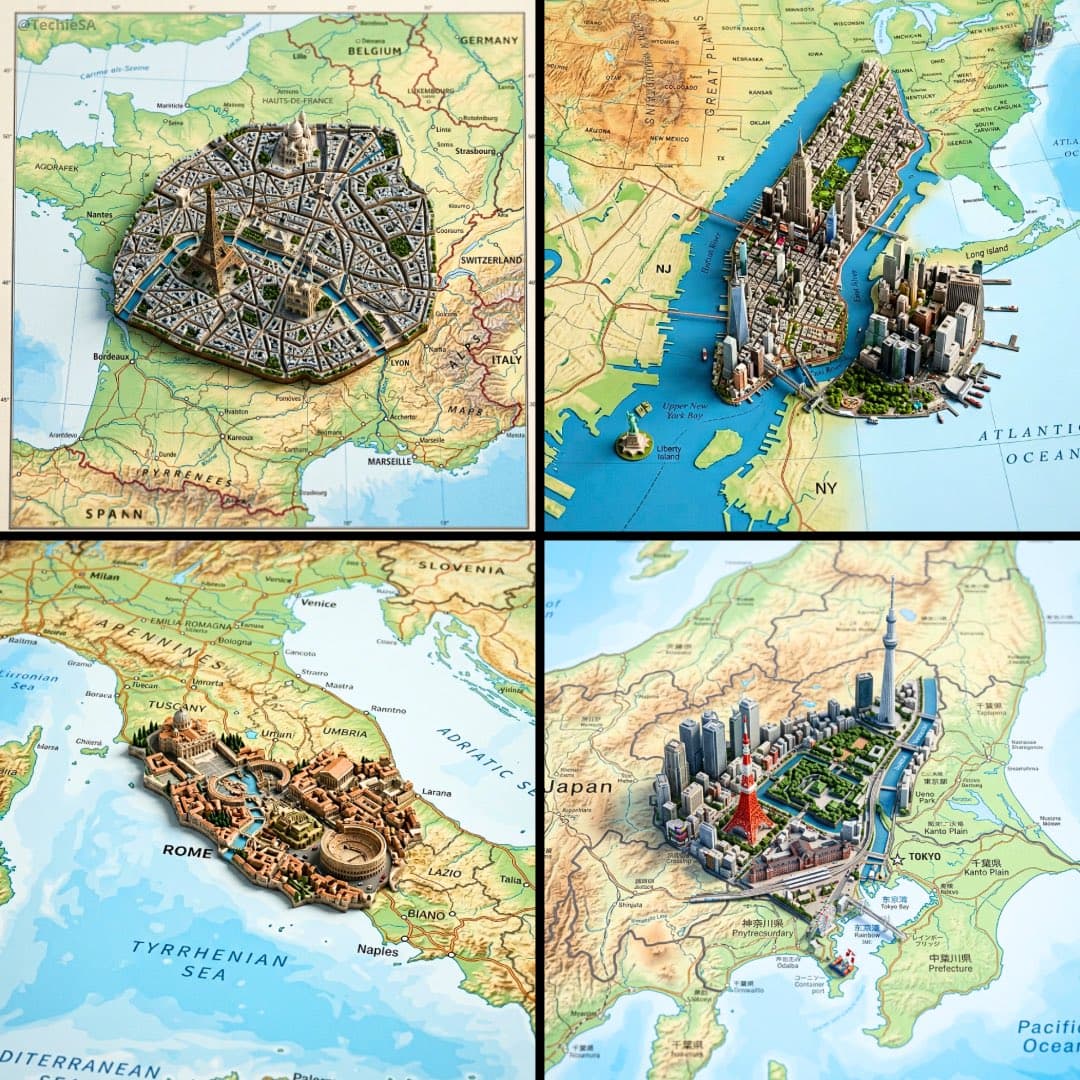 Географическая карта с 3D-диорамой — результат промпта