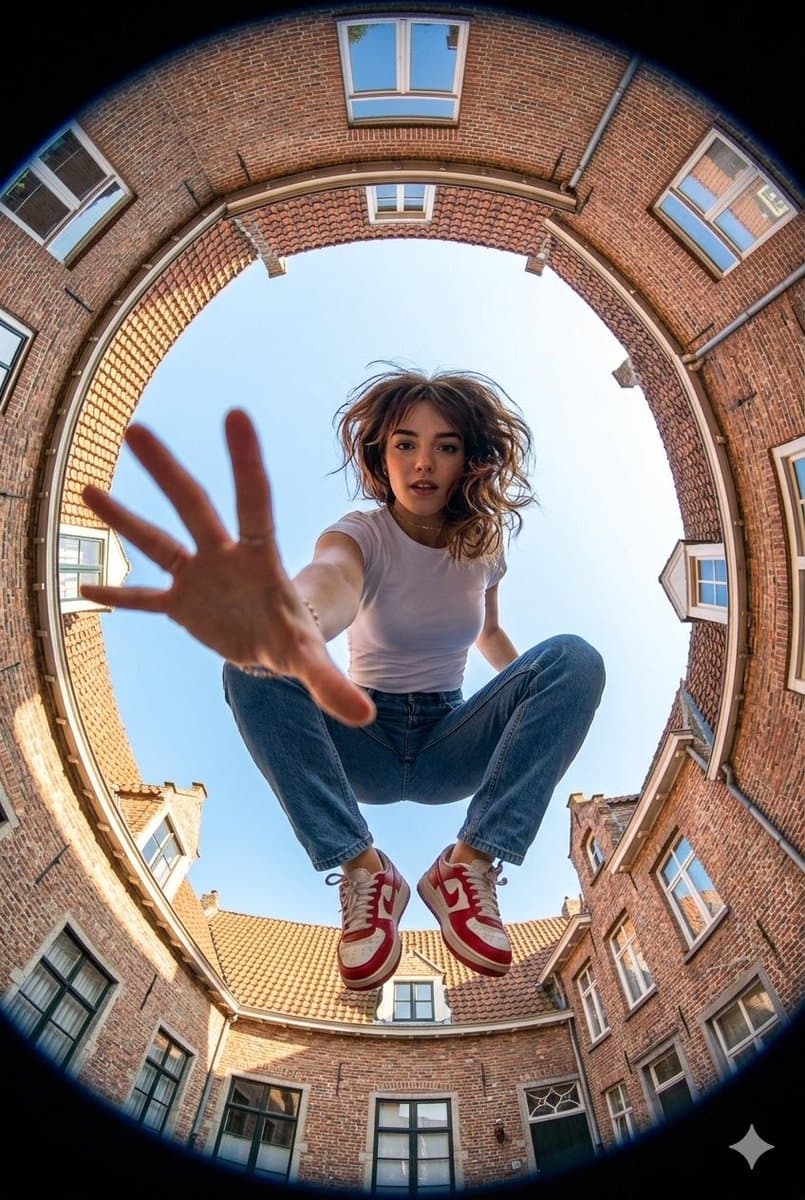 Фотография с низкой точки взгляда на девушку — результат промпта