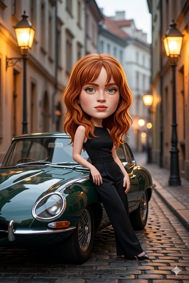 Карикатура с oversized головой у классического автомобиля — результат промпта, вариант 1