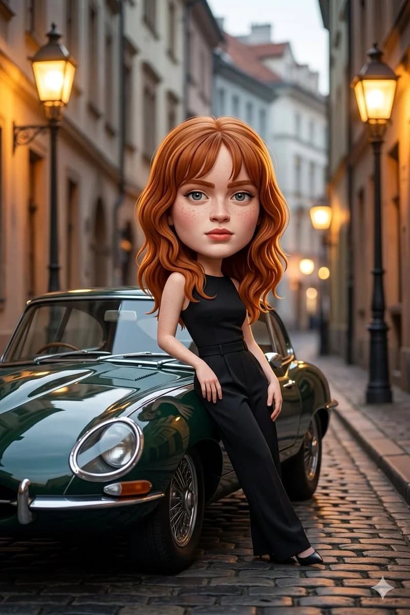 Карикатура с oversized головой у классического автомобиля — результат промпта, вариант 1