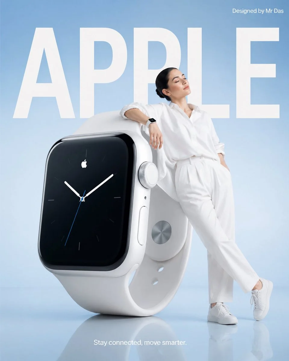 Минималистичная реклама смарт-часов Apple — результат промпта