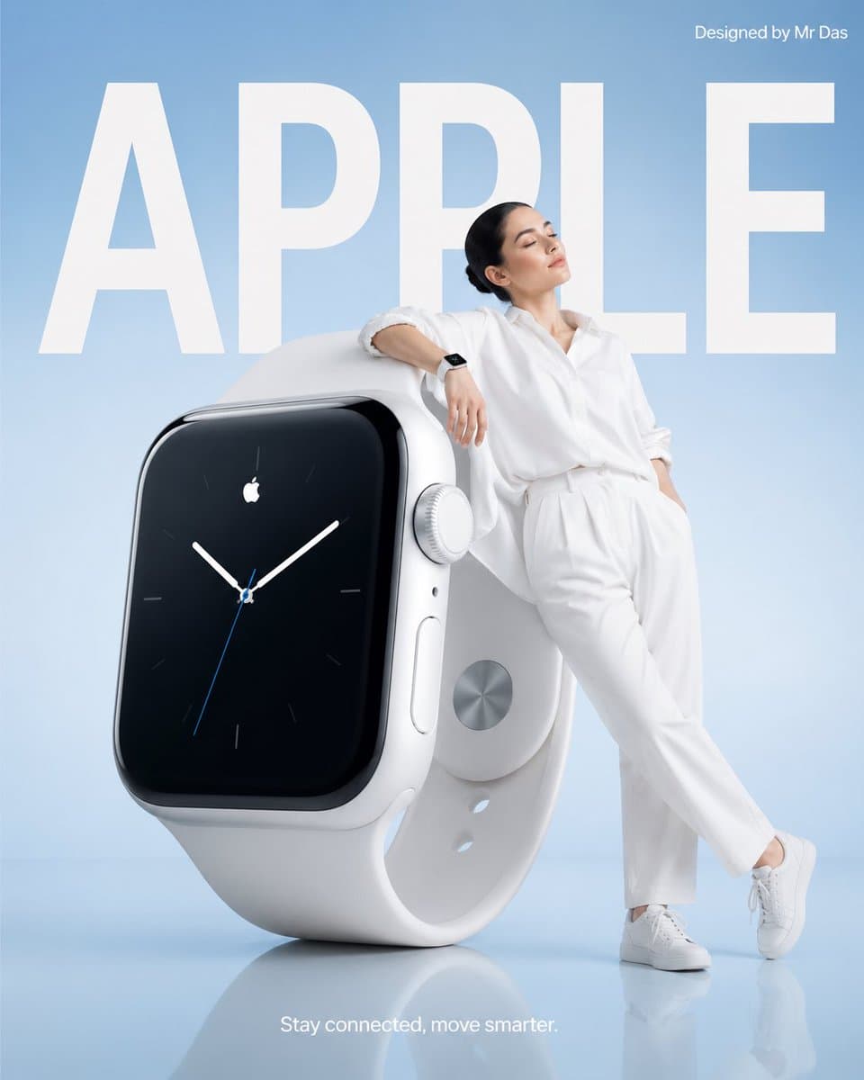 Минималистичная реклама смарт-часов Apple — результат промпта