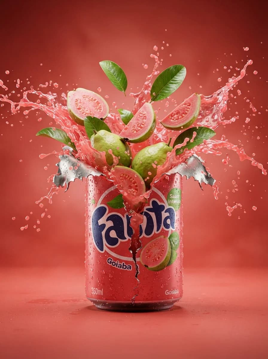 Фотография взрывающейся банки газировки Fanta Goiaba. — результат промпта