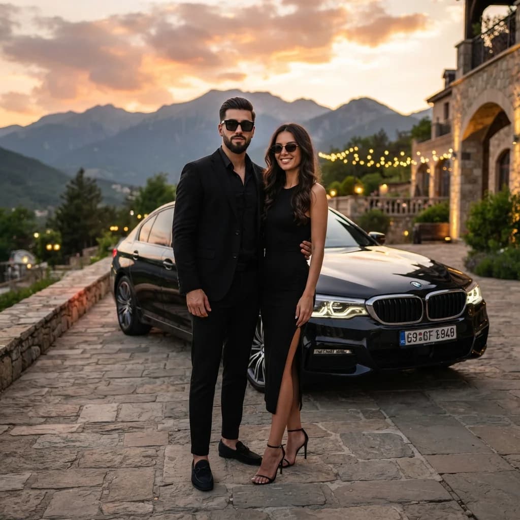Фотосессия в стиле фэшн: пара в роскошном автомобиле — результат промпта