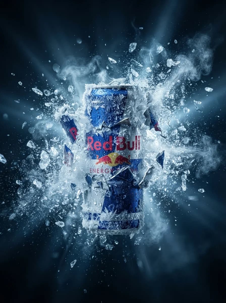 Гиперреалистичный рекламный ролик о взрыве льда в банке Red Bull — результат промпта