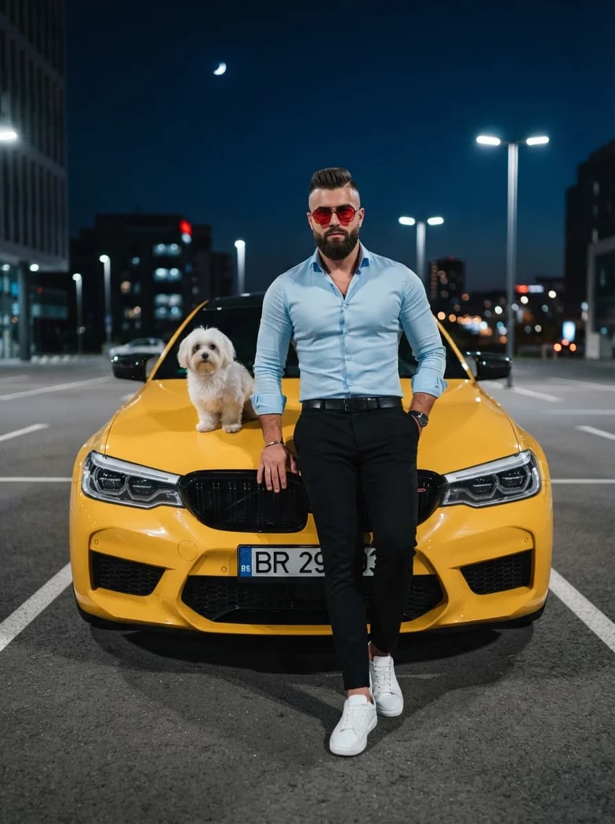 Кинематографическая модная фотосессия мужчины с роскошным автомобилем и собакой. — результат промпта