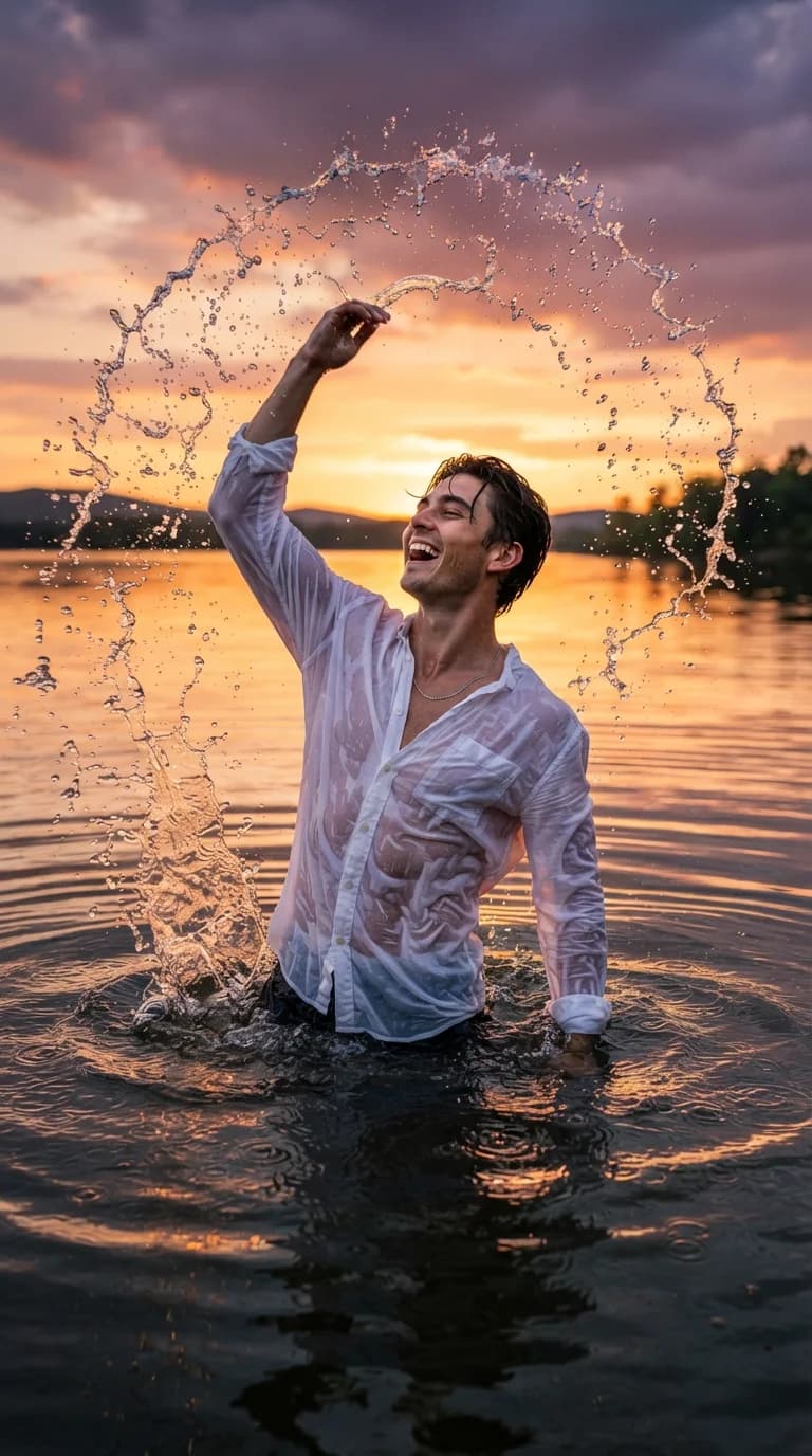 Кинематографический портрет с брызгами воды на закате — результат промпта