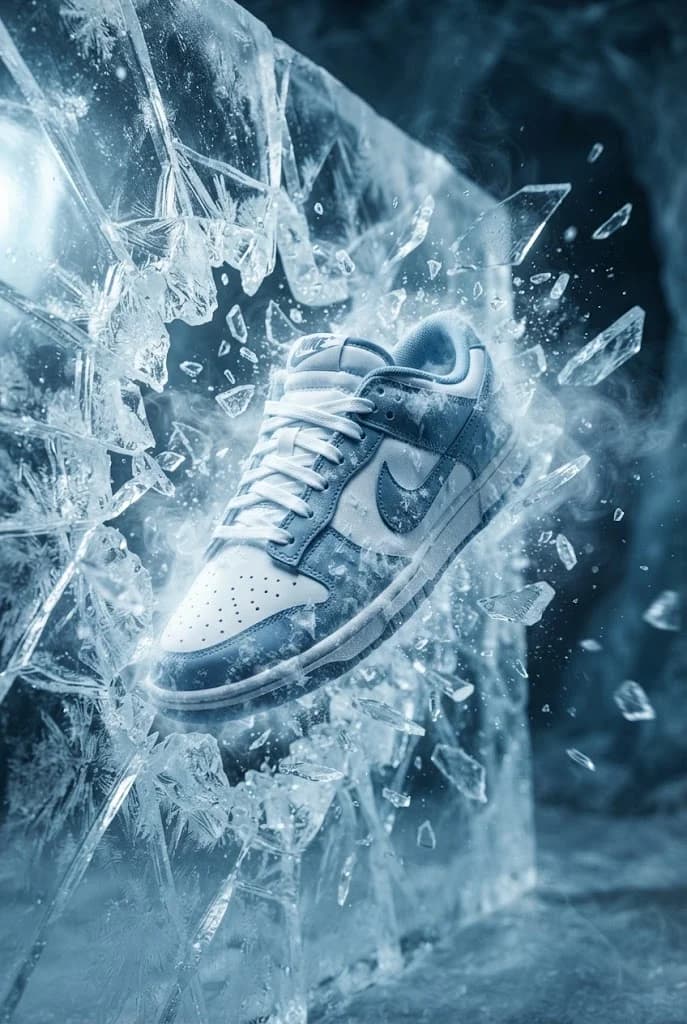 Nike Dunk пробивает кристаллическую стену — результат промпта