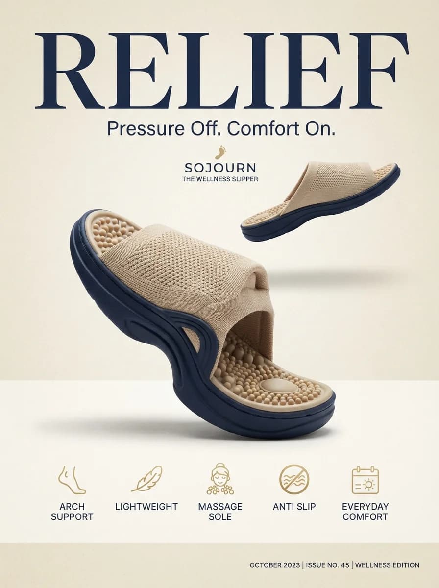 Плакат с изображением тапочек Comfort Relief | Реклама ортопедической обуви премиум-класса — результат промпта