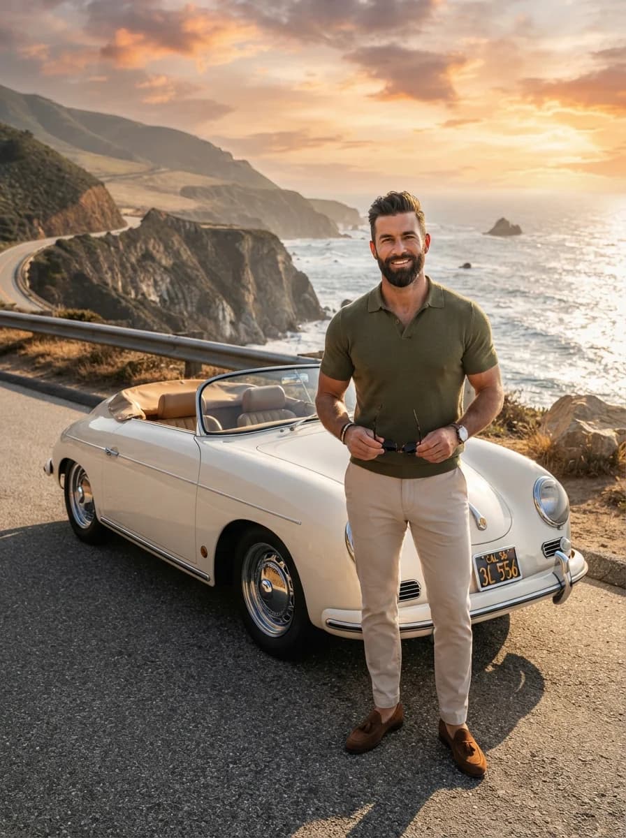 Портрет на прибрежной дороге с винтажным Porsche. — результат промпта