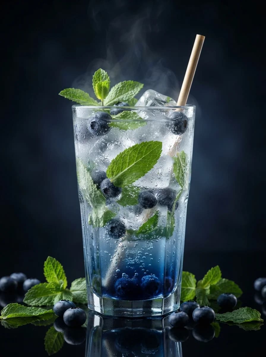 Премиальная студийная порция холодного напитка со вкусом черники и мяты. — результат промпта