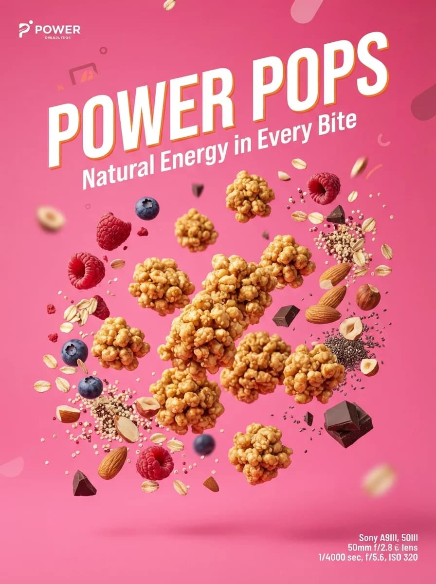 Рекламный плакат полезного перекуса | Рекламная кампания продукта Energy Pops — результат промпта