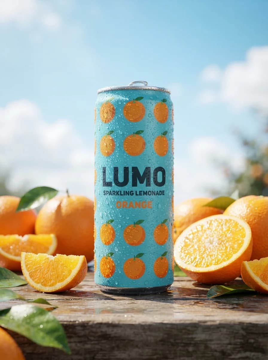 Ультрареалистичная рекламная фотосъемка напитков (LUMO Soda) — результат промпта