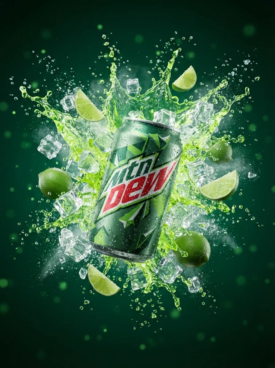 Высококонтрастное фото банки Mountain Dew. — результат промпта