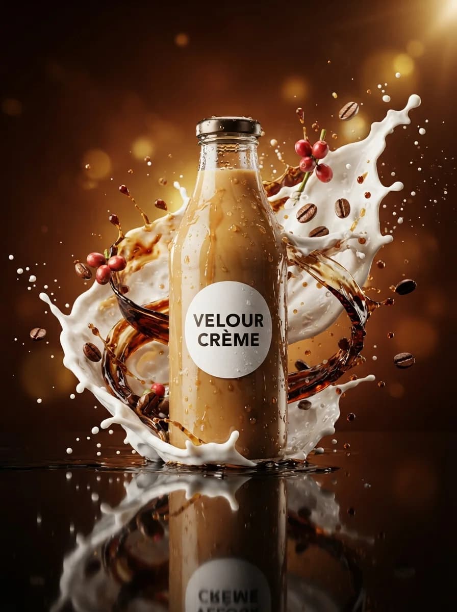 Высокоскоростная коммерческая фотосъемка продуктов питания: подсказка для бутылки латте — результат промпта