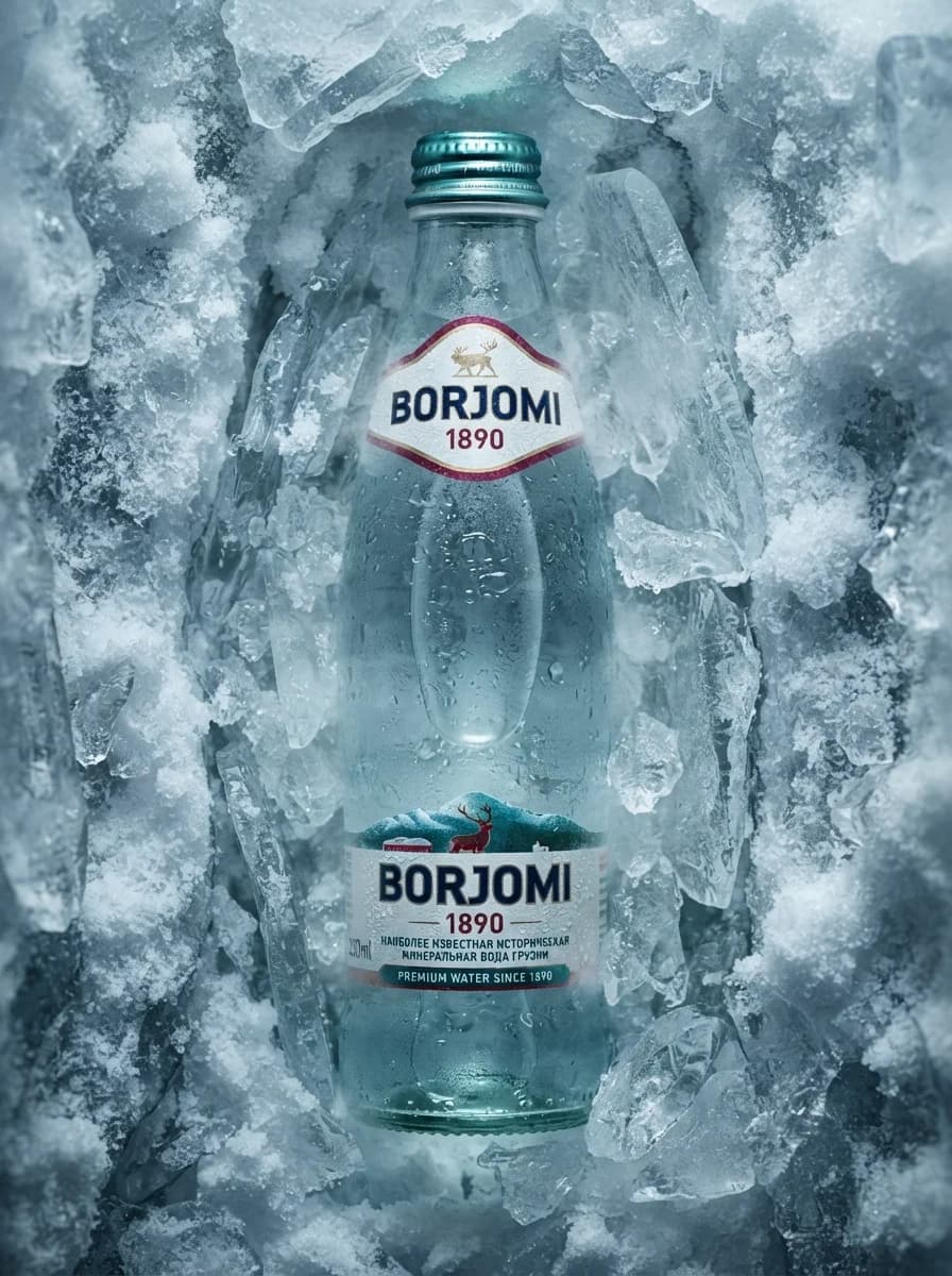 Задание для гиперреалистичной предметной фотосъемки (Borjomi Water) — результат промпта